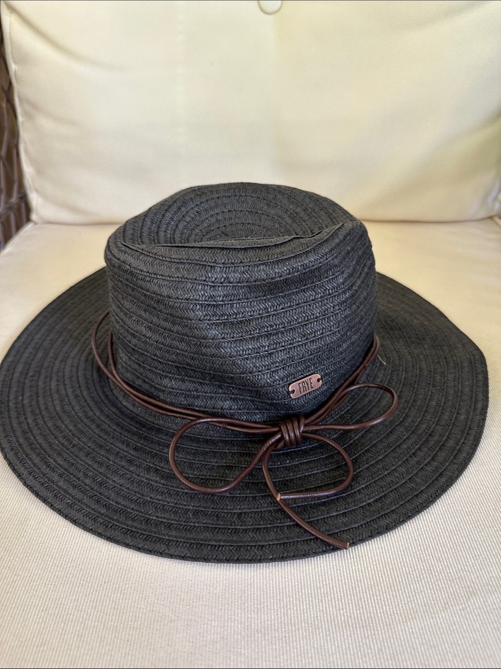 Frye NWT Black Paper Braid Wide Brim Fedora with brown leather tie O/S
